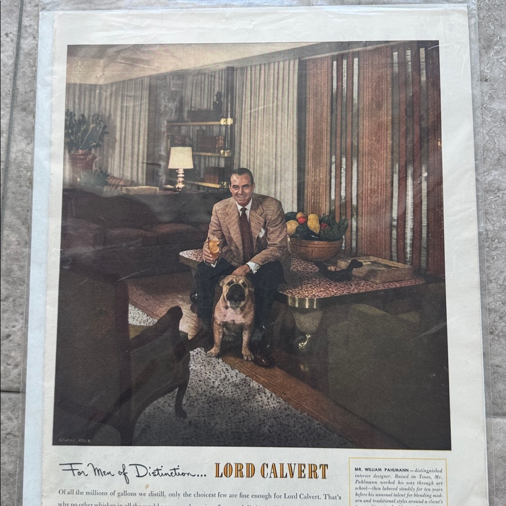 Vintage Lord Calvert for Men of Distinction. William Pahlmann and his bulldog.